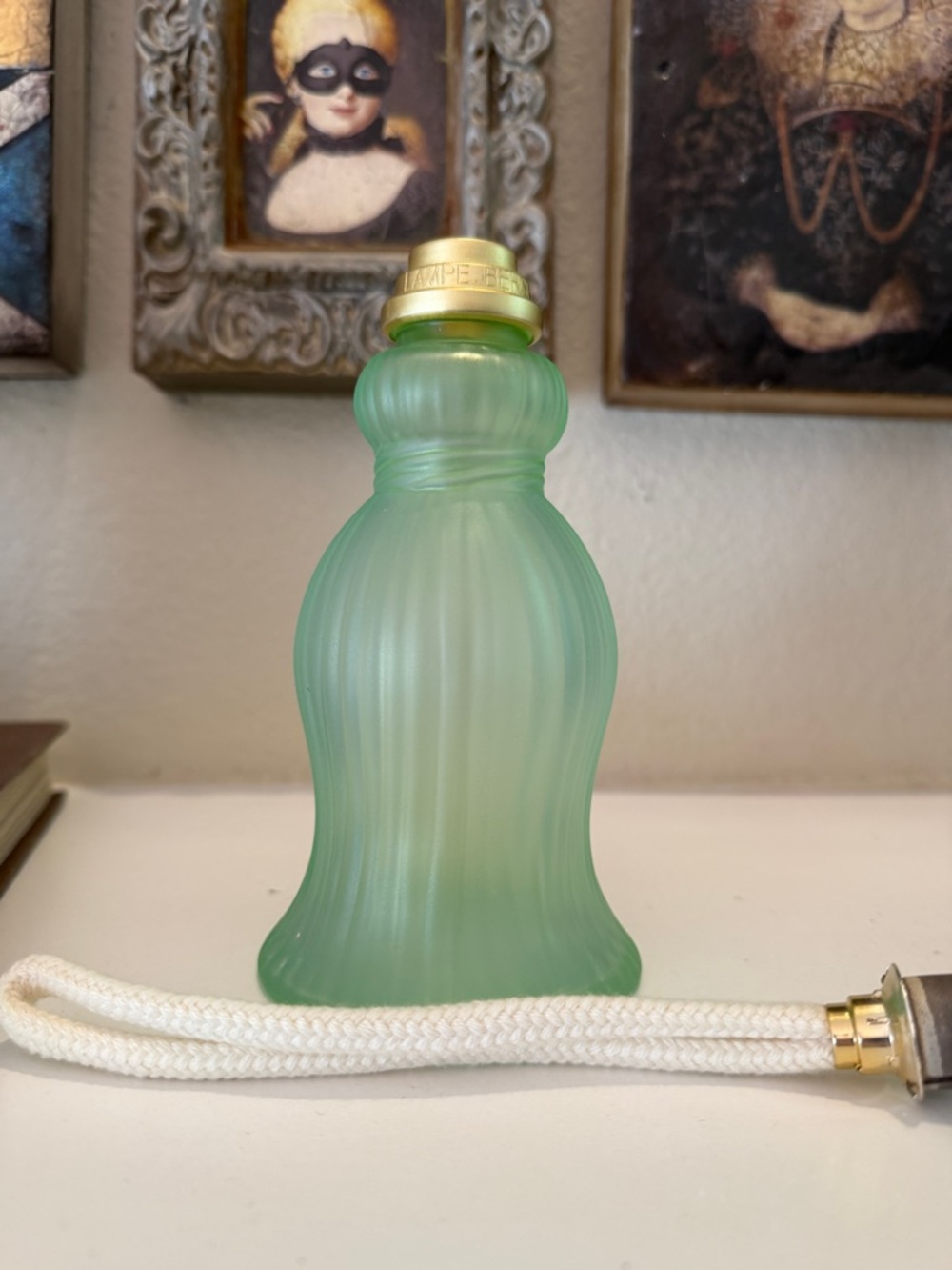 Vintage Lampe Berger Green Frosted Ribbed Glass Lamp - Picture 5 of 8